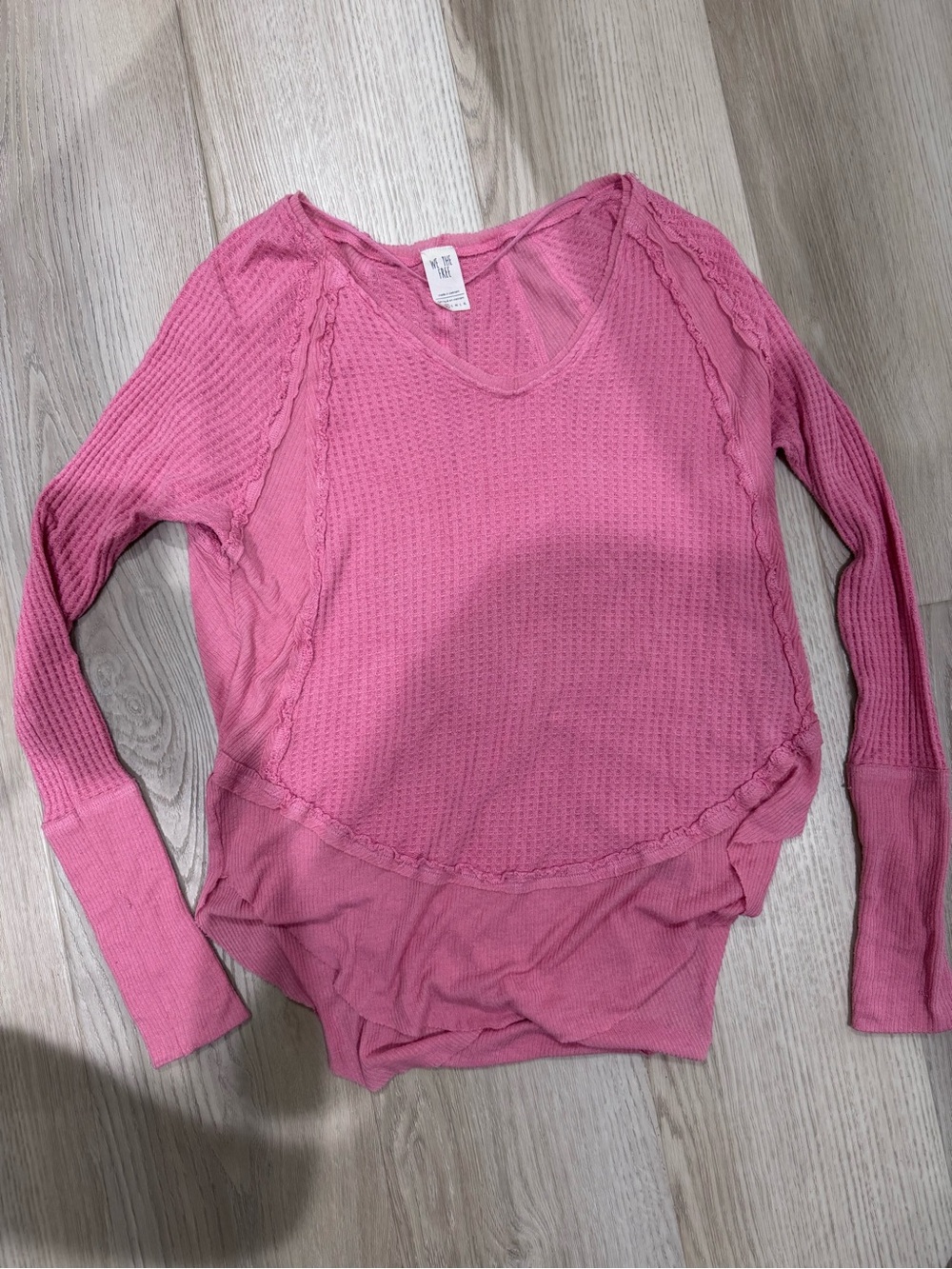We The Free Pink Waffle-Knit V-Neck Long Sleeve Top